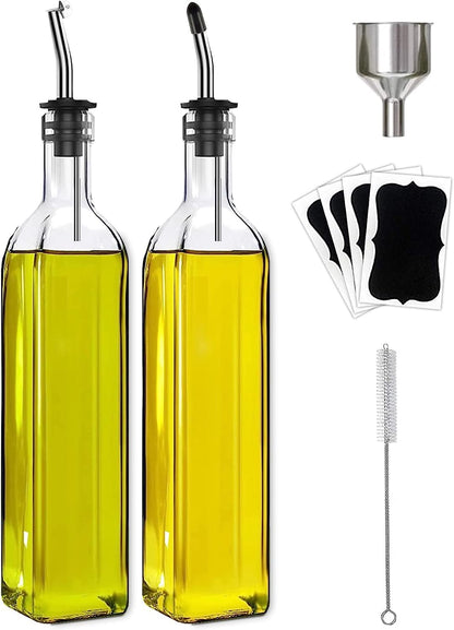 Olive Oil Dispenser Bottle, Glass Olive Oil Dispenser and Vinegar Dispenser Set with Stainless Steel Pourers, 4 Labels,1 Brush and 1 Funnel Oil Bottles for Kitchen (500ml)