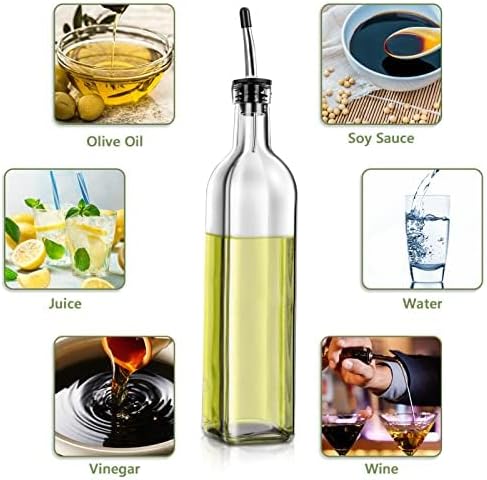 Olive Oil Dispenser Bottle, Glass Olive Oil Dispenser and Vinegar Dispenser Set with Stainless Steel Pourers, 4 Labels,1 Brush and 1 Funnel Oil Bottles for Kitchen (500ml)