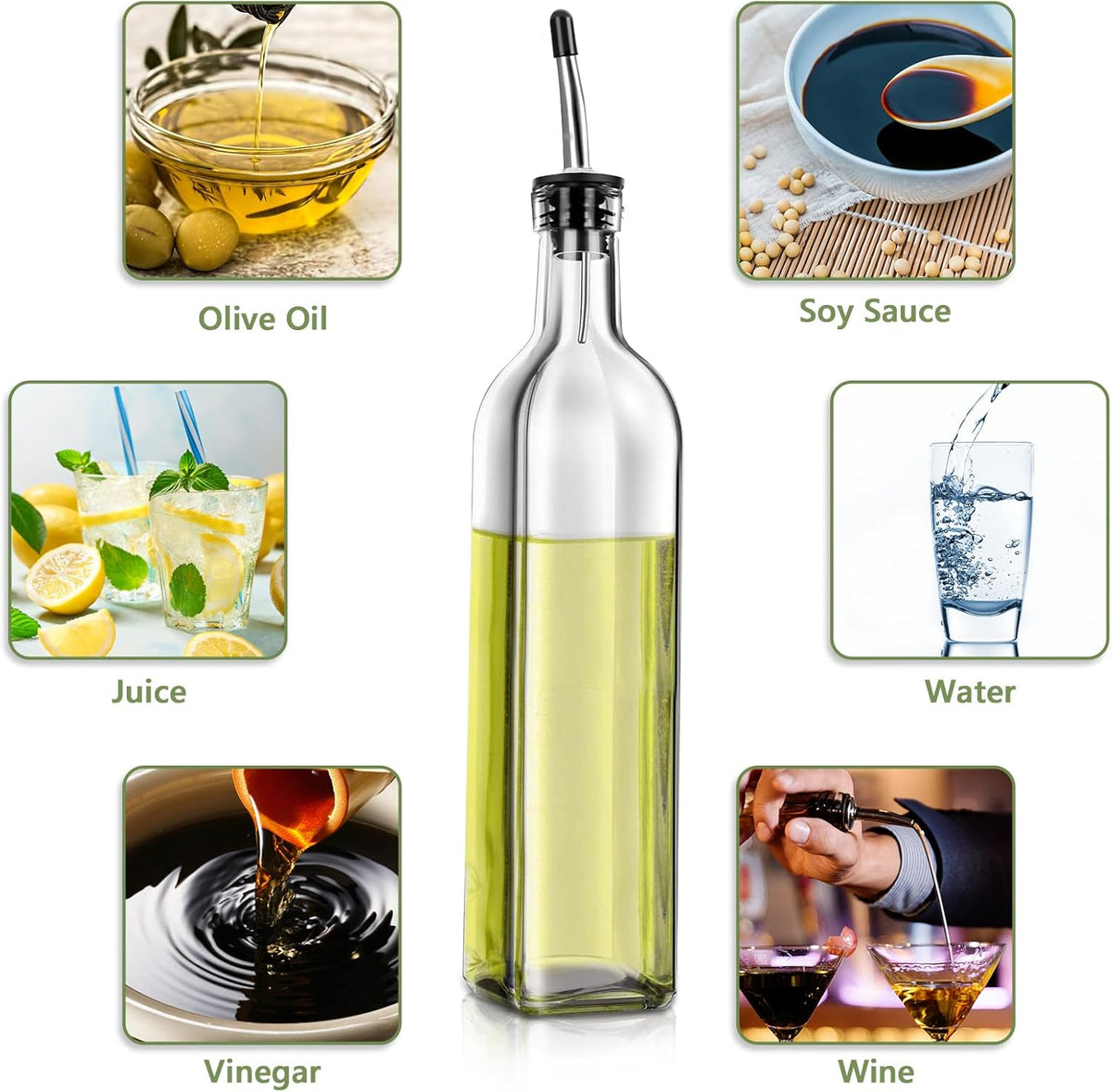 Olive Oil Dispenser Bottle, Glass Olive Oil Dispenser and Vinegar Dispenser Set with Stainless Steel Pourers, 4 Labels,1 Brush and 1 Funnel Oil Bottles for Kitchen (500ml)
