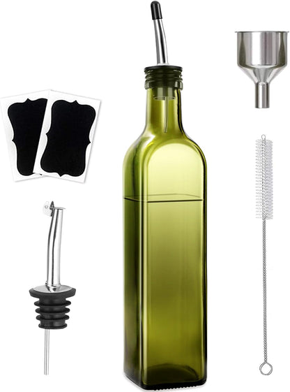 Olive Oil Dispenser Bottle, Glass Olive Oil Dispenser and Vinegar Dispenser Set with Stainless Steel Pourers, 4 Labels,1 Brush and 1 Funnel Oil Bottles for Kitchen (500ml)