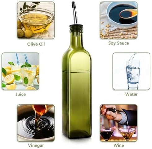 Olive Oil Dispenser Bottle, Glass Olive Oil Dispenser and Vinegar Dispenser Set with Stainless Steel Pourers, 4 Labels,1 Brush and 1 Funnel Oil Bottles for Kitchen (500ml)