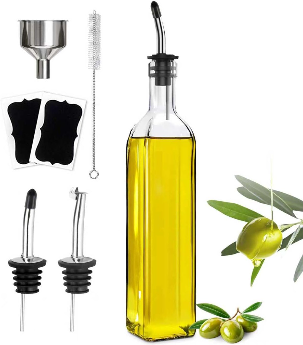Olive Oil Dispenser Bottle, Glass Olive Oil Dispenser and Vinegar Dispenser Set with Stainless Steel Pourers, 4 Labels,1 Brush and 1 Funnel Oil Bottles for Kitchen (500ml)