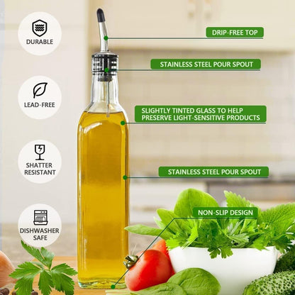 Olive Oil Dispenser Bottle, Glass Olive Oil Dispenser and Vinegar Dispenser Set with Stainless Steel Pourers, 4 Labels,1 Brush and 1 Funnel Oil Bottles for Kitchen (500ml)