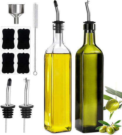 Olive Oil Dispenser Bottle, Glass Olive Oil Dispenser and Vinegar Dispenser Set with Stainless Steel Pourers, 4 Labels,1 Brush and 1 Funnel Oil Bottles for Kitchen (500ml)