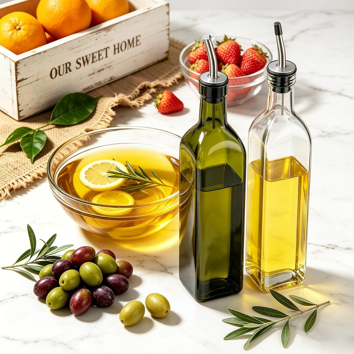 Olive Oil Dispenser Bottle, Glass Olive Oil Dispenser and Vinegar Dispenser Set with Stainless Steel Pourers, 4 Labels,1 Brush and 1 Funnel Oil Bottles for Kitchen (500ml)