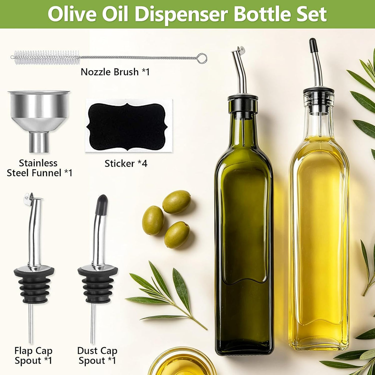 Olive Oil Dispenser Bottle, Glass Olive Oil Dispenser and Vinegar Dispenser Set with Stainless Steel Pourers, 4 Labels,1 Brush and 1 Funnel Oil Bottles for Kitchen (500ml)