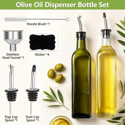 Olive Oil Dispenser Bottle, Glass Olive Oil Dispenser and Vinegar Dispenser Set with Stainless Steel Pourers, 4 Labels,1 Brush and 1 Funnel Oil Bottles for Kitchen (500ml)