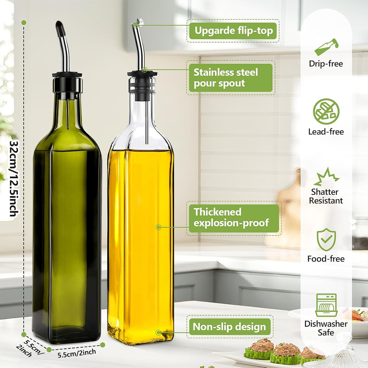 Olive Oil Dispenser Bottle, Glass Olive Oil Dispenser and Vinegar Dispenser Set with Stainless Steel Pourers, 4 Labels,1 Brush and 1 Funnel Oil Bottles for Kitchen (500ml)