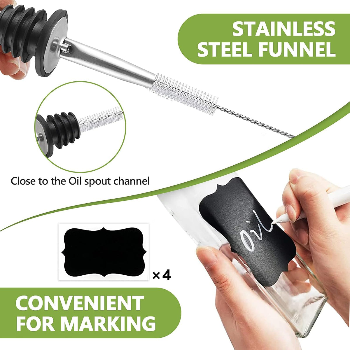 Olive Oil Dispenser Bottle, Glass Olive Oil Dispenser and Vinegar Dispenser Set with Stainless Steel Pourers, 4 Labels,1 Brush and 1 Funnel Oil Bottles for Kitchen (500ml)