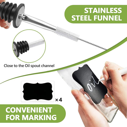 Olive Oil Dispenser Bottle, Glass Olive Oil Dispenser and Vinegar Dispenser Set with Stainless Steel Pourers, 4 Labels,1 Brush and 1 Funnel Oil Bottles for Kitchen (500ml)