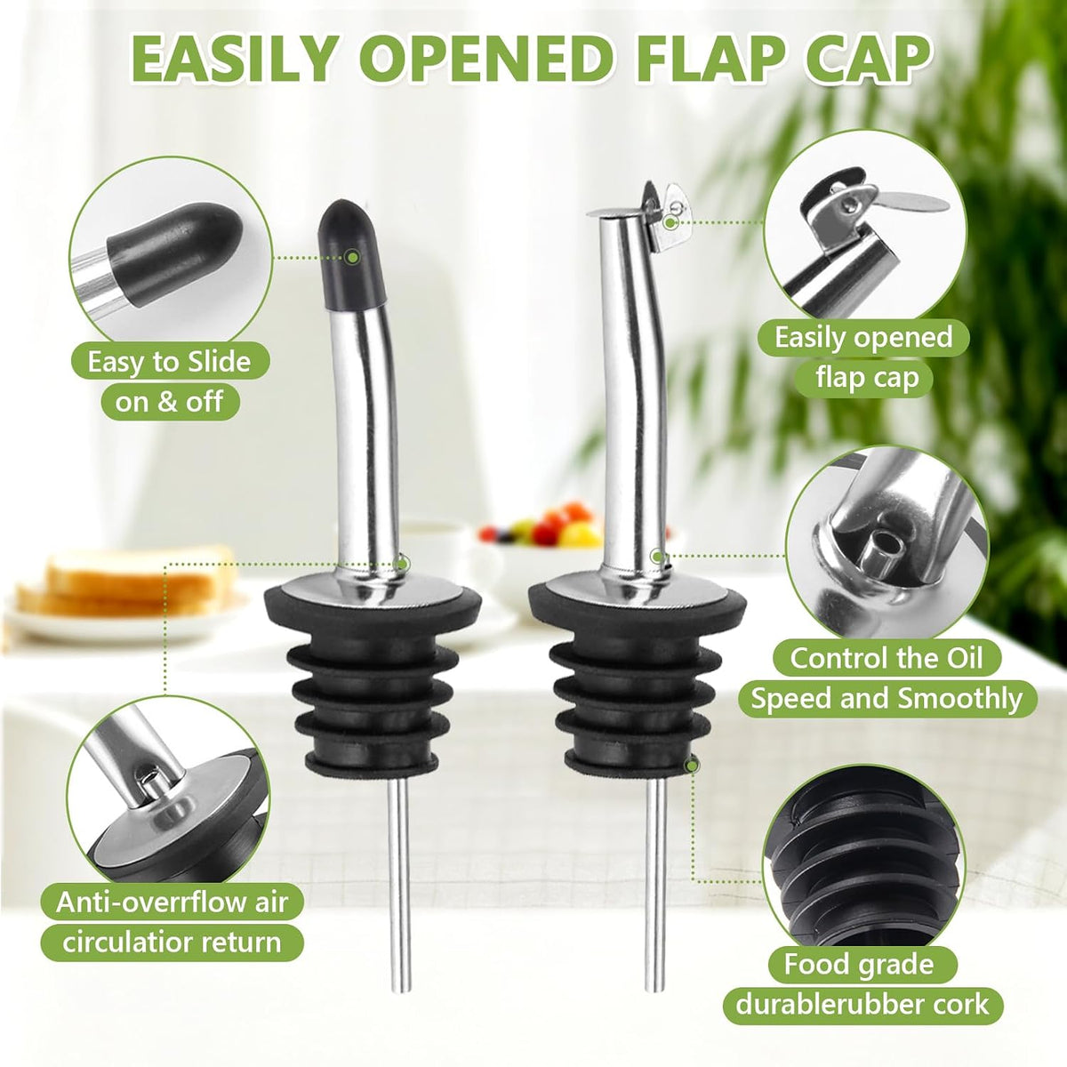 Olive Oil Dispenser Bottle, Glass Olive Oil Dispenser and Vinegar Dispenser Set with Stainless Steel Pourers, 4 Labels,1 Brush and 1 Funnel Oil Bottles for Kitchen (500ml)