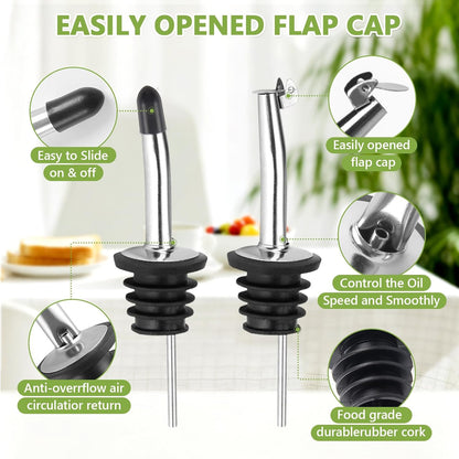 Olive Oil Dispenser Bottle, Glass Olive Oil Dispenser and Vinegar Dispenser Set with Stainless Steel Pourers, 4 Labels,1 Brush and 1 Funnel Oil Bottles for Kitchen (500ml)