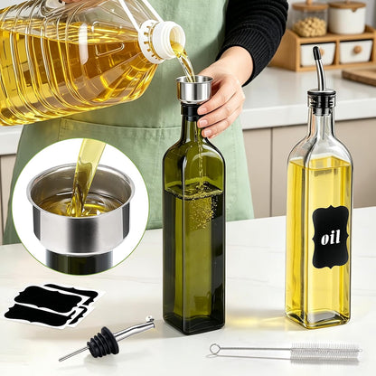Olive Oil Dispenser Bottle, Glass Olive Oil Dispenser and Vinegar Dispenser Set with Stainless Steel Pourers, 4 Labels,1 Brush and 1 Funnel Oil Bottles for Kitchen (500ml)