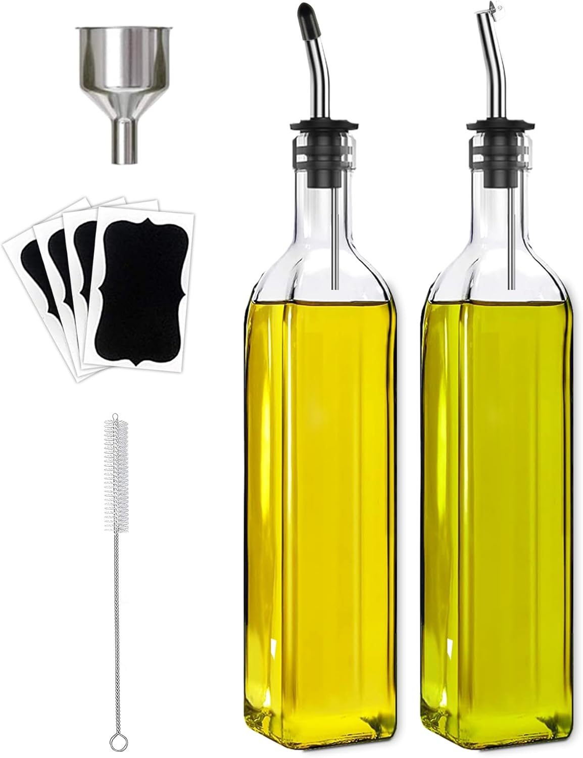 Olive Oil Dispenser Bottle, Glass Olive Oil Dispenser and Vinegar Dispenser Set with Stainless Steel Pourers, 4 Labels,1 Brush and 1 Funnel Oil Bottles for Kitchen (500ml)