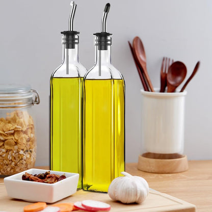 Olive Oil Dispenser Bottle, Glass Olive Oil Dispenser and Vinegar Dispenser Set with Stainless Steel Pourers, 4 Labels,1 Brush and 1 Funnel Oil Bottles for Kitchen (500ml)