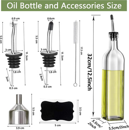 Olive Oil Dispenser Bottle, Glass Olive Oil Dispenser and Vinegar Dispenser Set with Stainless Steel Pourers, 4 Labels,1 Brush and 1 Funnel Oil Bottles for Kitchen (500ml)