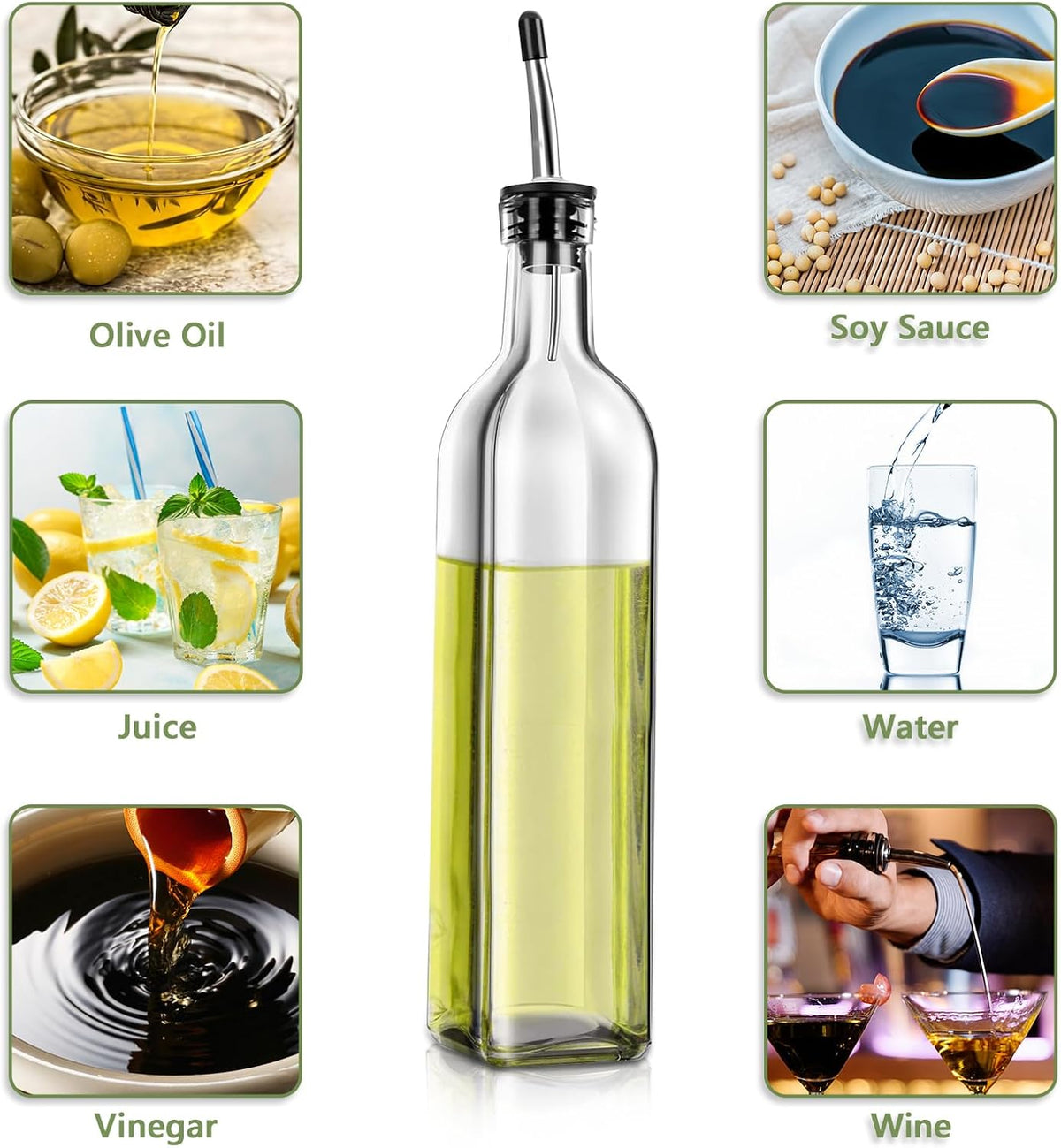 Olive Oil Dispenser Bottle, Glass Olive Oil Dispenser and Vinegar Dispenser Set with Stainless Steel Pourers, 4 Labels,1 Brush and 1 Funnel Oil Bottles for Kitchen (500ml)