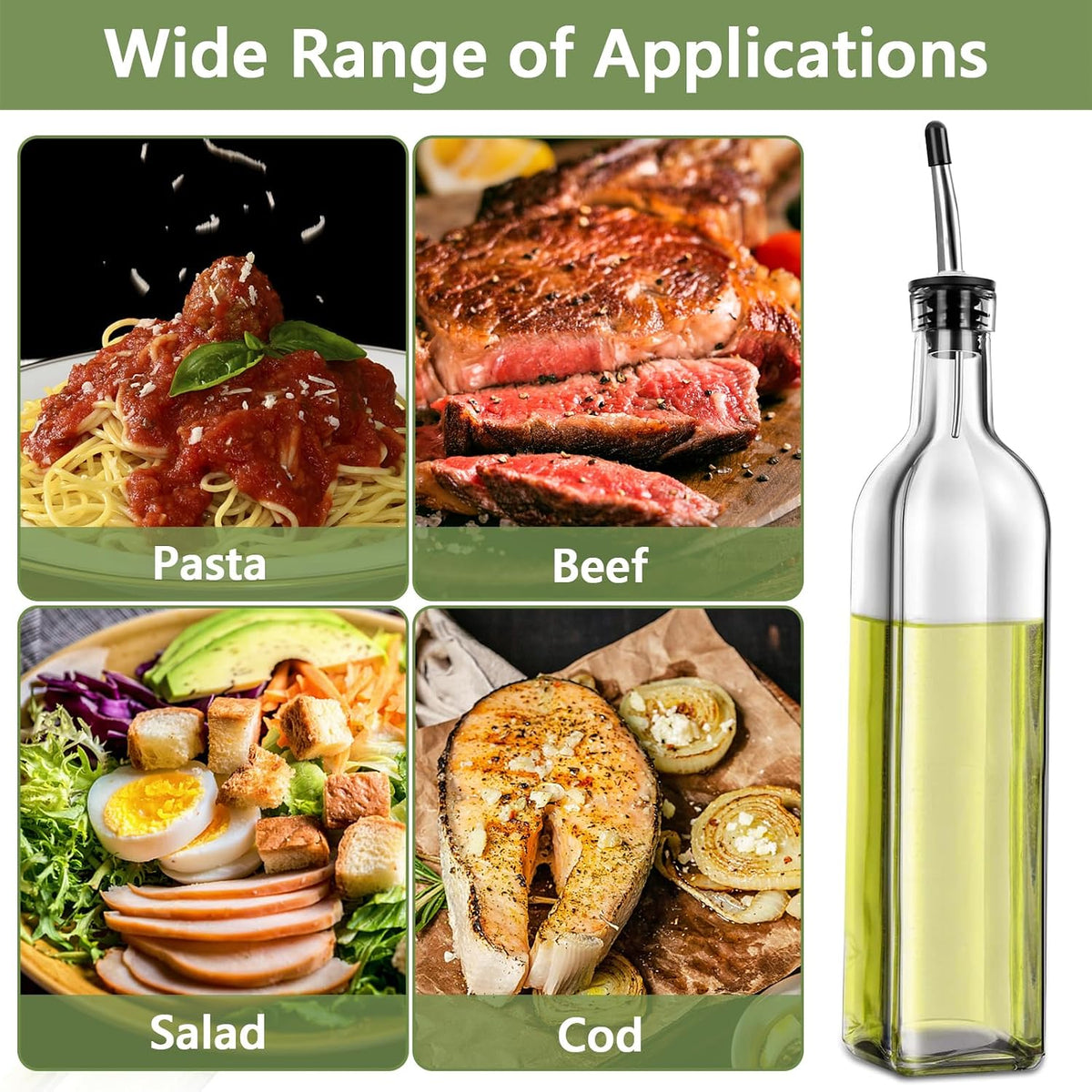 Olive Oil Dispenser Bottle, Glass Olive Oil Dispenser and Vinegar Dispenser Set with Stainless Steel Pourers, 4 Labels,1 Brush and 1 Funnel Oil Bottles for Kitchen (500ml)