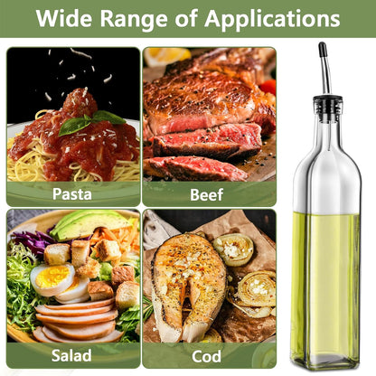 Olive Oil Dispenser Bottle, Glass Olive Oil Dispenser and Vinegar Dispenser Set with Stainless Steel Pourers, 4 Labels,1 Brush and 1 Funnel Oil Bottles for Kitchen (500ml)