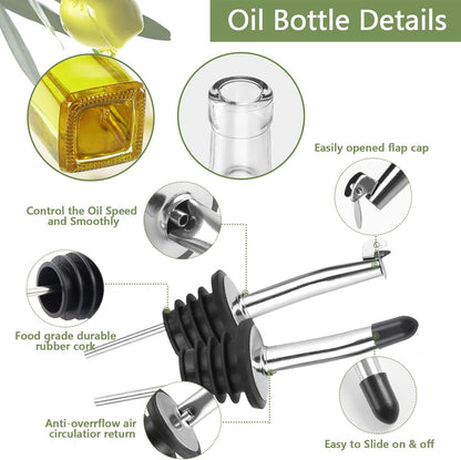 Olive Oil Dispenser Bottle, Glass Olive Oil Dispenser and Vinegar Dispenser Set with Stainless Steel Pourers, 4 Labels,1 Brush and 1 Funnel Oil Bottles for Kitchen (500ml)