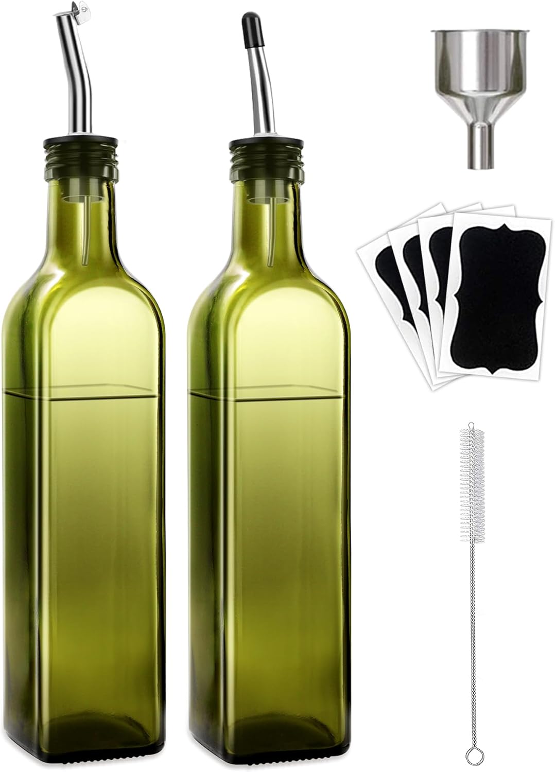 Olive Oil Dispenser Bottle, Glass Olive Oil Dispenser and Vinegar Dispenser Set with Stainless Steel Pourers, 4 Labels,1 Brush and 1 Funnel Oil Bottles for Kitchen (500ml)