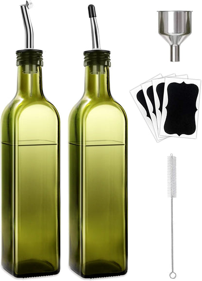 Olive Oil Dispenser Bottle, Glass Olive Oil Dispenser and Vinegar Dispenser Set with Stainless Steel Pourers, 4 Labels,1 Brush and 1 Funnel Oil Bottles for Kitchen (500ml)