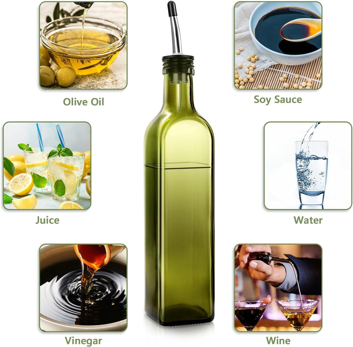 Olive Oil Dispenser Bottle, Glass Olive Oil Dispenser and Vinegar Dispenser Set with Stainless Steel Pourers, 4 Labels,1 Brush and 1 Funnel Oil Bottles for Kitchen (500ml)
