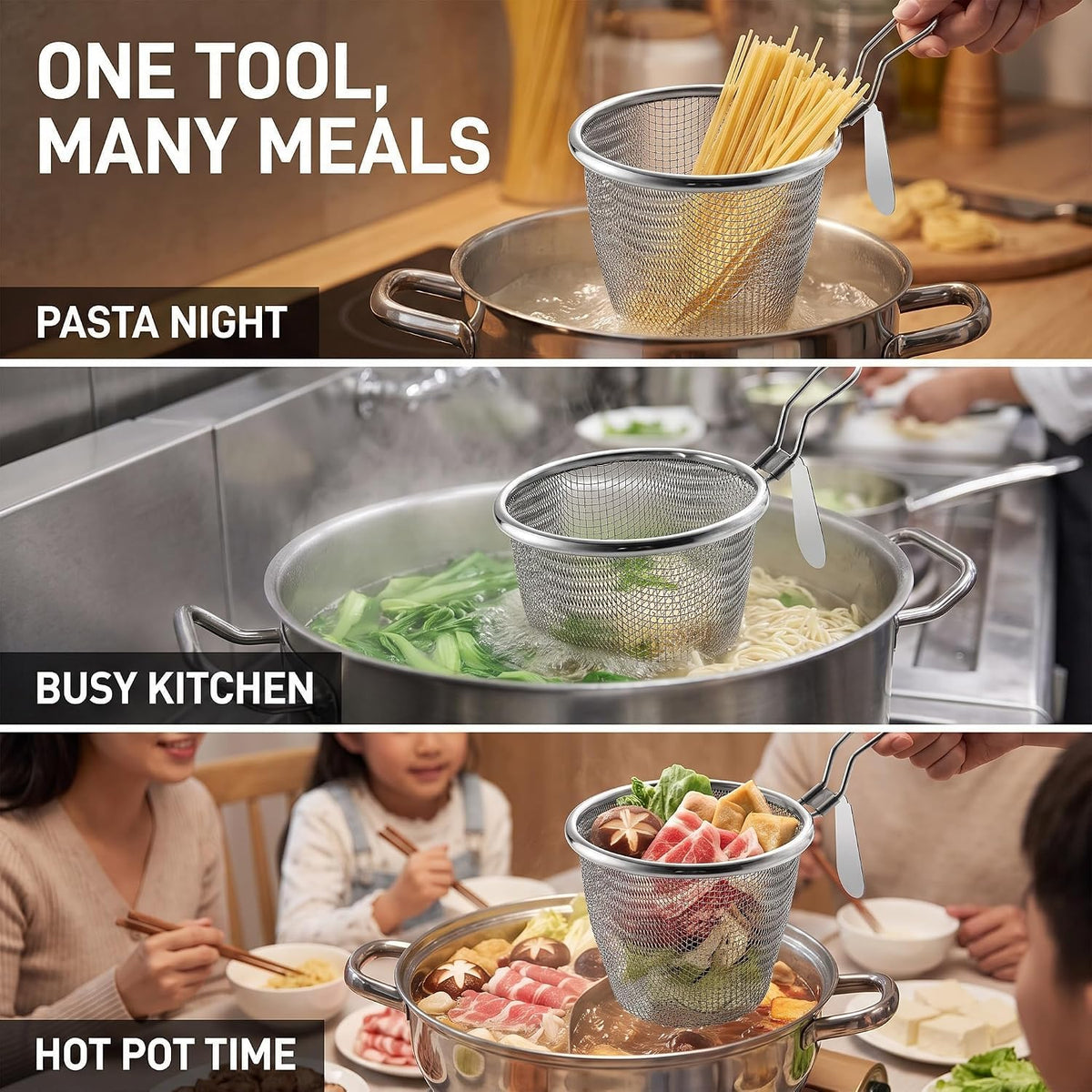 Stainless Steel Pasta Basket, Mesh Spider Food Dumpling Noodle Strainer, Fine Mesh Strainer with Handle