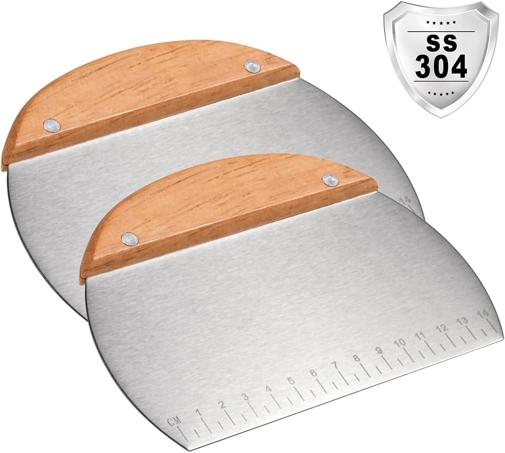 2 Pack 304 Stainless Steel Grill Scrapers with Wood Handle, Dough Scraper, Cake & Pizza Cutter, Multi-Purpose Scraper Tool for Kitchen