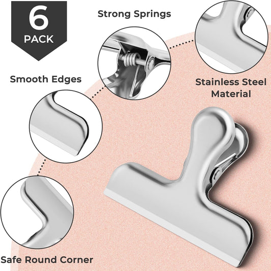 6 Pack Chip Clips Bag Clips for Food Snack Kitchen Storage(Silver) | Heavy Duty, Stainless Steel, Air Tight Seal, Durable Metal Clamps for Refrigerator Home Office, Use for Bread Coffee Paper