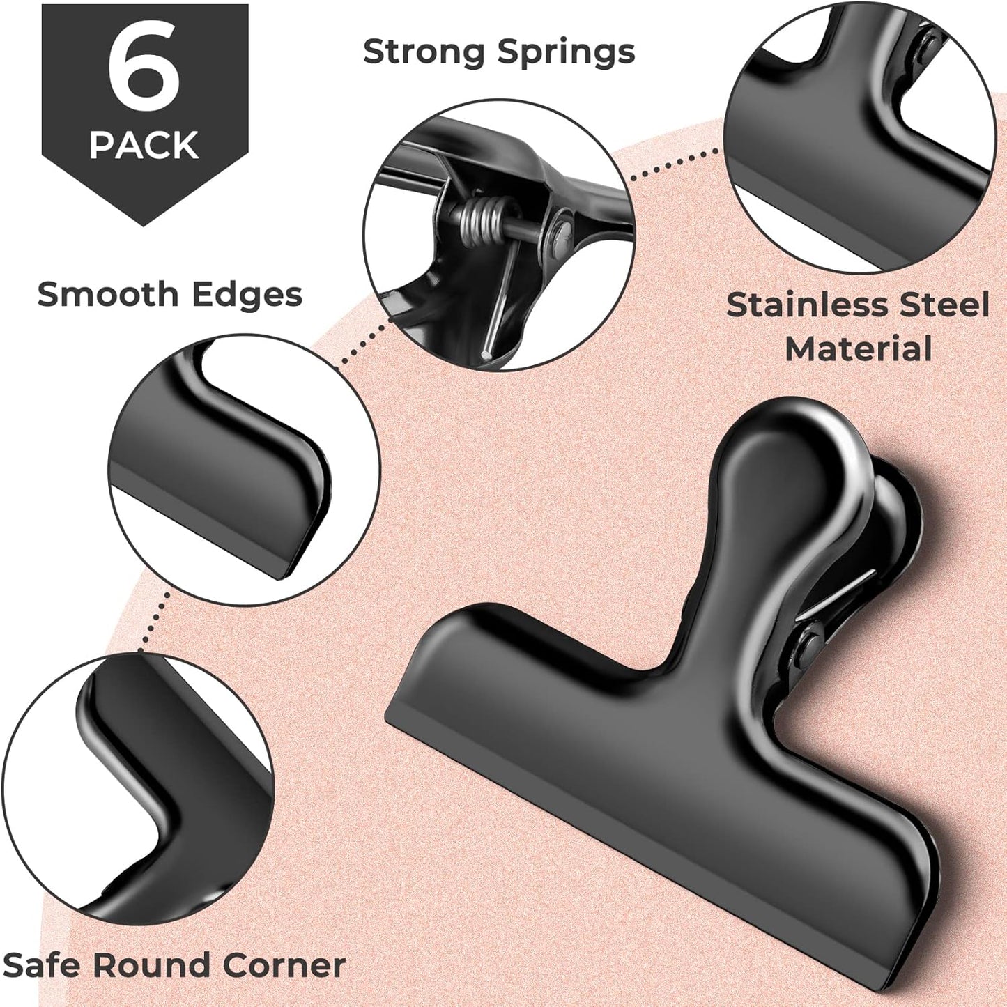 6 Pack Chip Clips Bag Clips for Food Snack Kitchen Storage(Silver) | Heavy Duty, Stainless Steel, Air Tight Seal, Durable Metal Clamps for Refrigerator Home Office, Use for Bread Coffee Paper