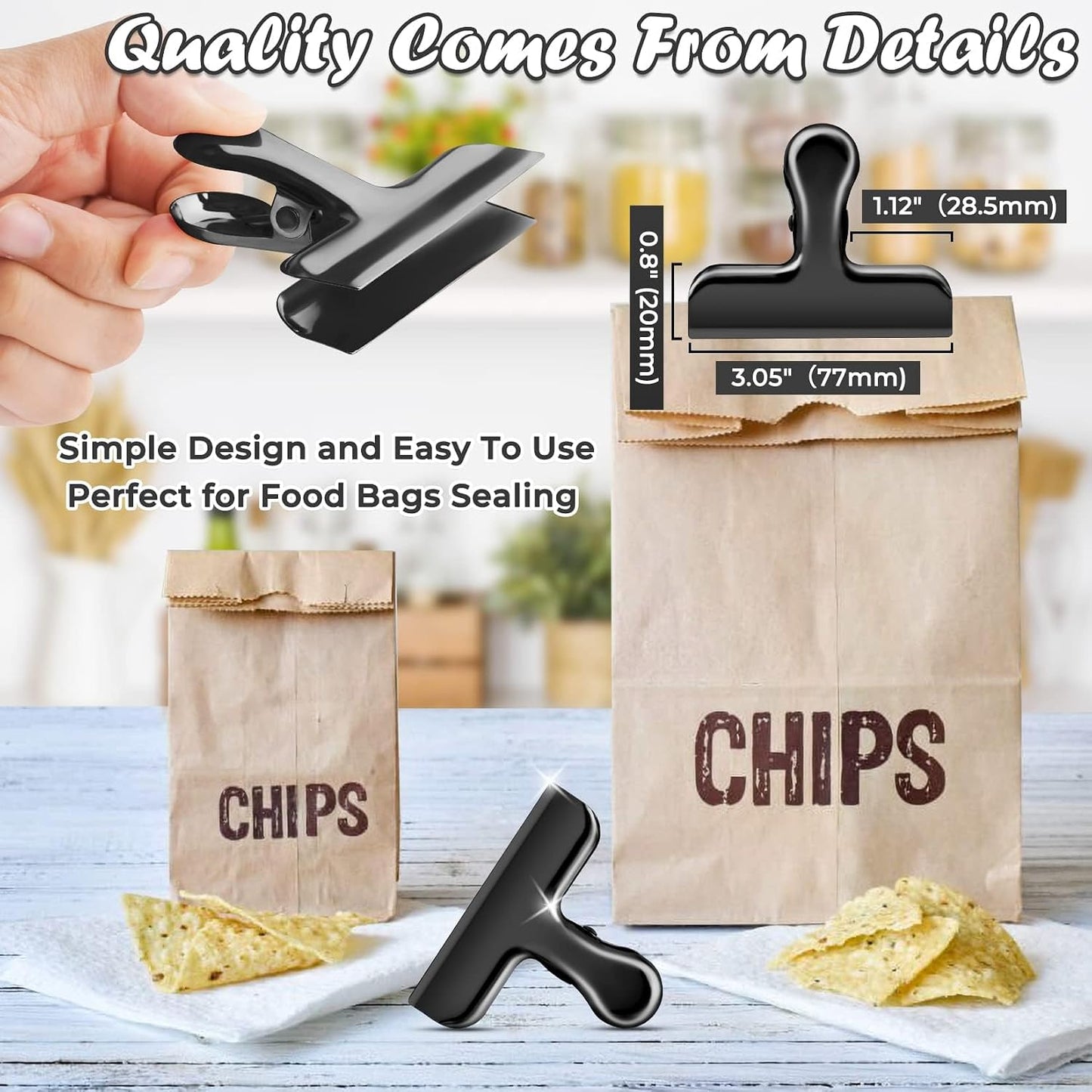 6 Pack Chip Clips Bag Clips for Food Snack Kitchen Storage(Silver) | Heavy Duty, Stainless Steel, Air Tight Seal, Durable Metal Clamps for Refrigerator Home Office, Use for Bread Coffee Paper