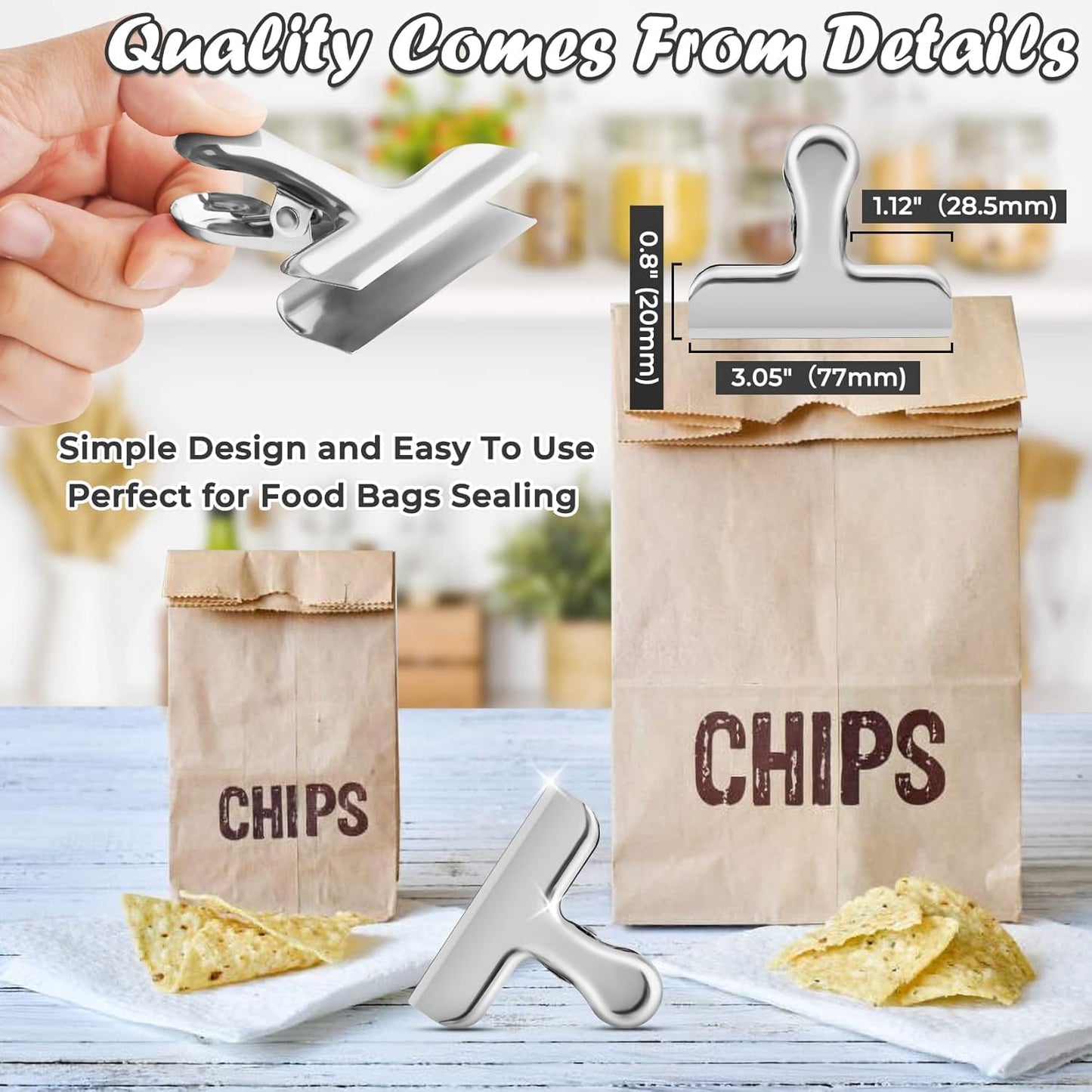6 Pack Chip Clips Bag Clips for Food Snack Kitchen Storage(Silver) | Heavy Duty, Stainless Steel, Air Tight Seal, Durable Metal Clamps for Refrigerator Home Office, Use for Bread Coffee Paper