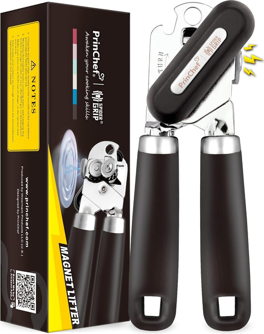 [Smoother Cut] Manual Can Opener with Magnet, Improved Handle for More Comfortable Grip, Handheld Can Openers for Seniors, Heavy Duty Can Opener Smooth Edge, Bottle Opener Easy to Use, Black