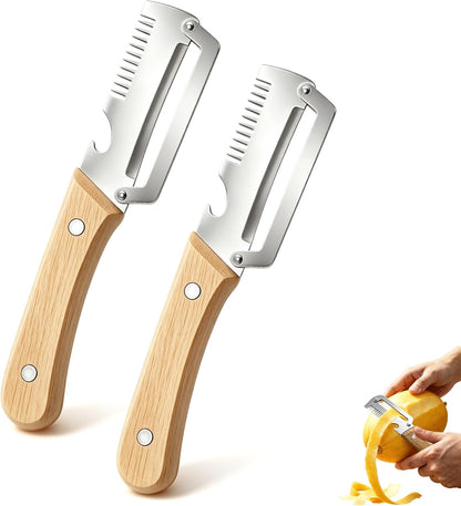 2 Pack Multifunctional Vegetable Peeler, 3 in 1 Kitchen Peeler with Bottle Opener and Wooden Handle, Kitchen Gadgets Tool for Fruit Pumpkin Peeling Potato Carrot Veggie Peeler