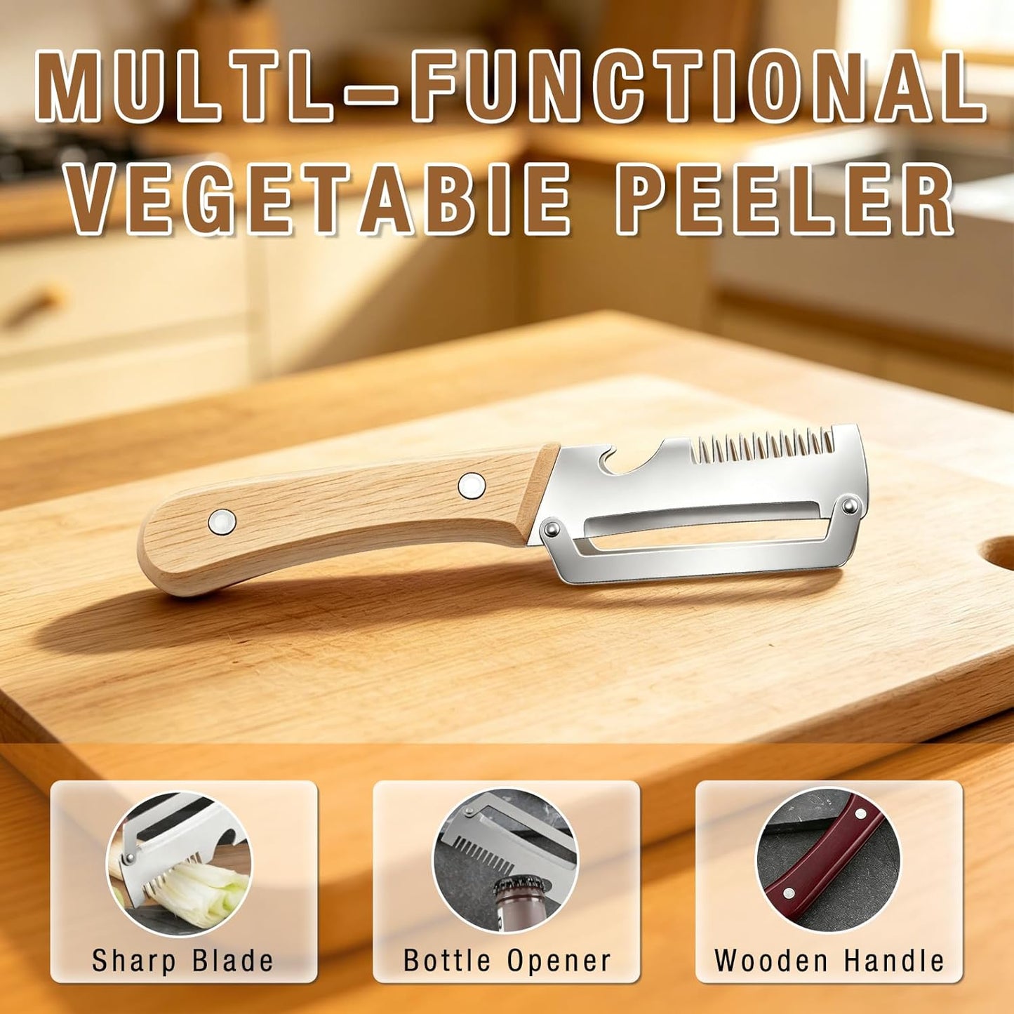 2 Pack Multifunctional Vegetable Peeler, 3 in 1 Kitchen Peeler with Bottle Opener and Wooden Handle, Kitchen Gadgets Tool for Fruit Pumpkin Peeling Potato Carrot Veggie Peeler