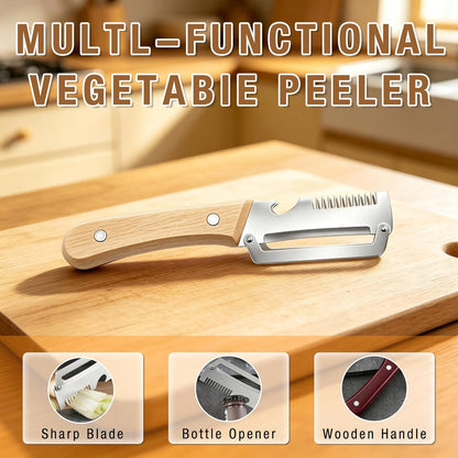 2 Pack Multifunctional Vegetable Peeler, 3 in 1 Kitchen Peeler with Bottle Opener and Wooden Handle, Kitchen Gadgets Tool for Fruit Pumpkin Peeling Potato Carrot Veggie Peeler