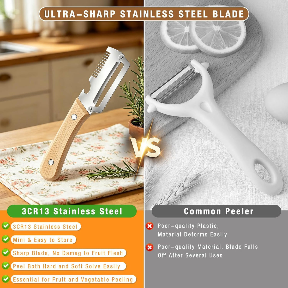 2 Pack Multifunctional Vegetable Peeler, 3 in 1 Kitchen Peeler with Bottle Opener and Wooden Handle, Kitchen Gadgets Tool for Fruit Pumpkin Peeling Potato Carrot Veggie Peeler