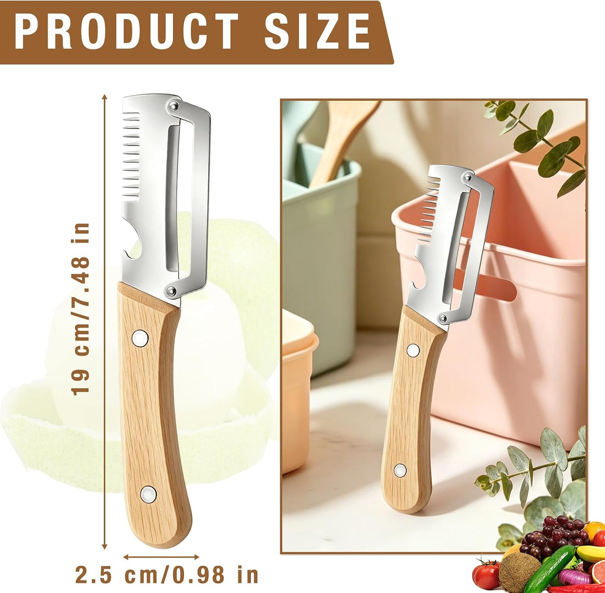 2 Pack Multifunctional Vegetable Peeler, 3 in 1 Kitchen Peeler with Bottle Opener and Wooden Handle, Kitchen Gadgets Tool for Fruit Pumpkin Peeling Potato Carrot Veggie Peeler