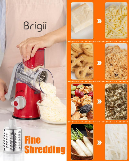Rotary Cheese Grater Hand Crank, Cheese Shredder with 3 Drum Blades, Mandoline Slicer, Food Chopper for Hard Cheese, Vegetable, Nuts, Potato