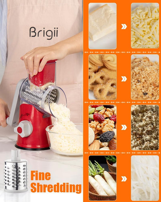 Rotary Cheese Grater Hand Crank, Cheese Shredder with 3 Drum Blades, Mandoline Slicer, Food Chopper for Hard Cheese, Vegetable, Nuts, Potato