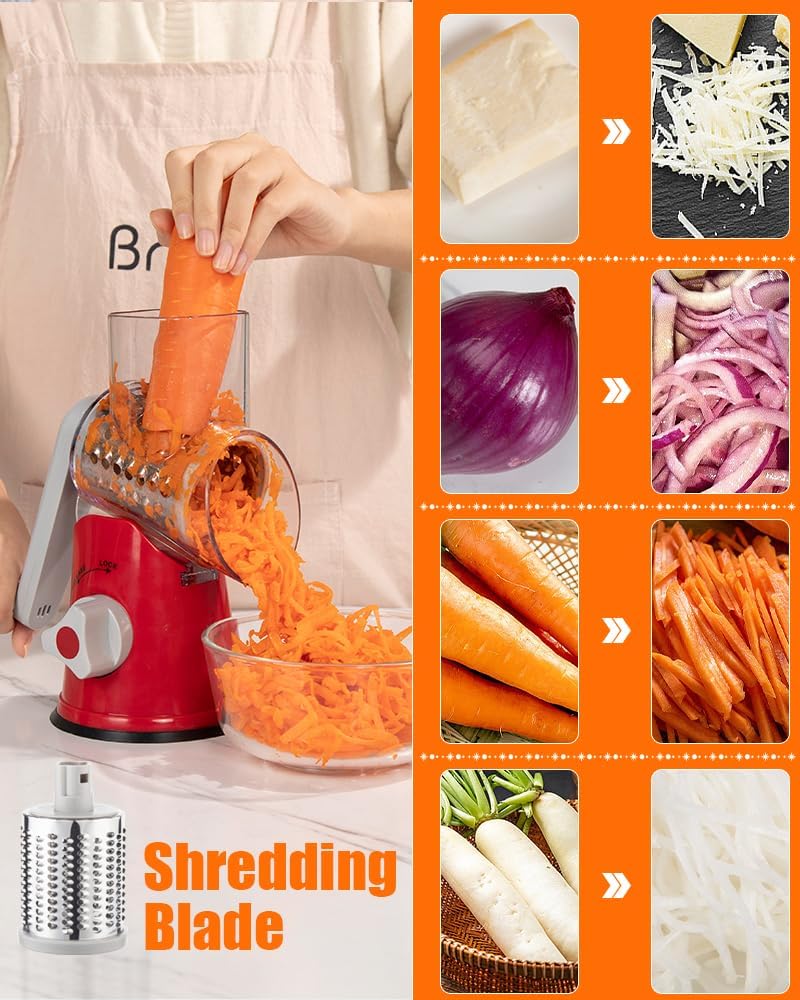 Rotary Cheese Grater Hand Crank, Cheese Shredder with 3 Drum Blades, Mandoline Slicer, Food Chopper for Hard Cheese, Vegetable, Nuts, Potato
