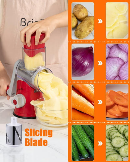 Rotary Cheese Grater Hand Crank, Cheese Shredder with 3 Drum Blades, Mandoline Slicer, Food Chopper for Hard Cheese, Vegetable, Nuts, Potato