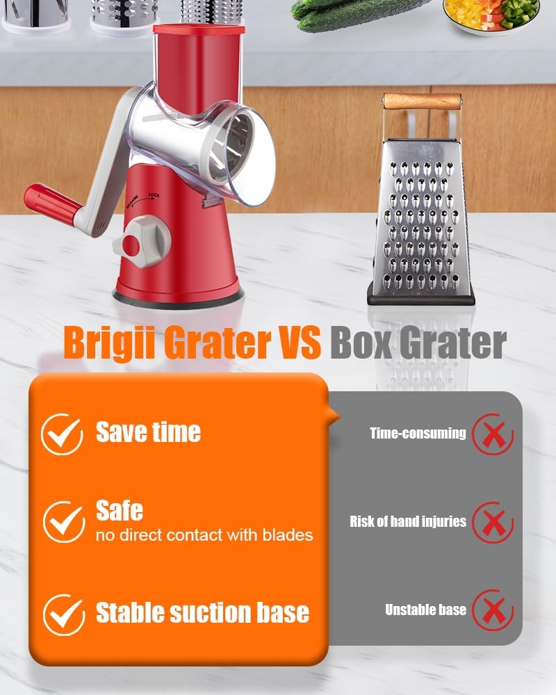 Rotary Cheese Grater Hand Crank, Cheese Shredder with 3 Drum Blades, Mandoline Slicer, Food Chopper for Hard Cheese, Vegetable, Nuts, Potato