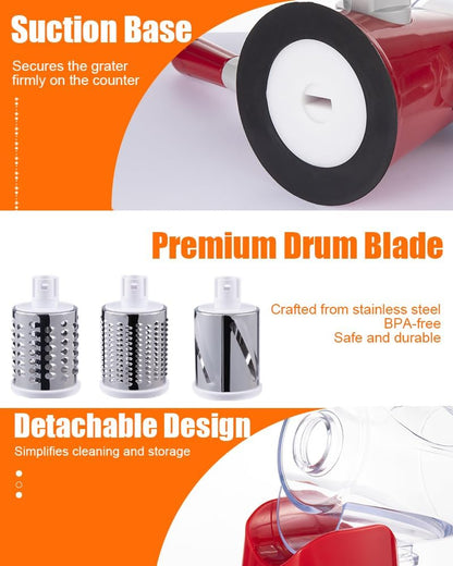 Rotary Cheese Grater Hand Crank, Cheese Shredder with 3 Drum Blades, Mandoline Slicer, Food Chopper for Hard Cheese, Vegetable, Nuts, Potato