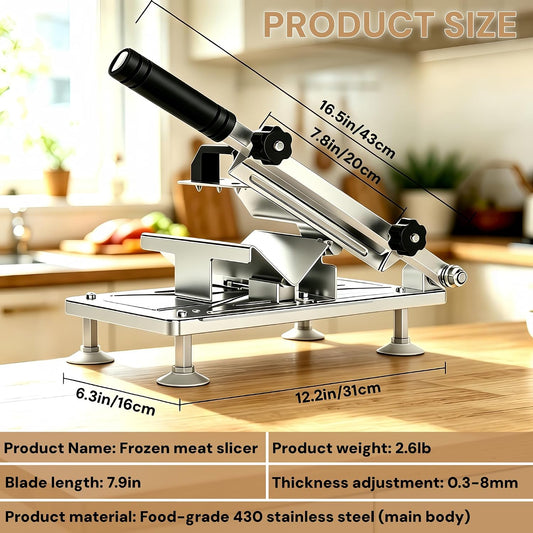 Manual Frozen Meat Slicer Upgraded Stainless Steel Compact for Home | Frozen Meat Slicer Cuts Beef, Mutton & Bacon With Adjustable 0.3-8mm Thickness for Home Hot Pot & BBQ. Easy to Clean.