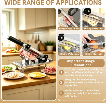 Manual Frozen Meat Slicer Upgraded Stainless Steel Compact for Home | Frozen Meat Slicer Cuts Beef, Mutton & Bacon With Adjustable 0.3-8mm Thickness for Home Hot Pot & BBQ. Easy to Clean.
