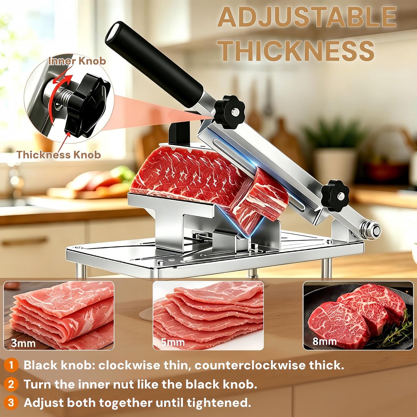 Manual Frozen Meat Slicer Upgraded Stainless Steel Compact for Home | Frozen Meat Slicer Cuts Beef, Mutton & Bacon With Adjustable 0.3-8mm Thickness for Home Hot Pot & BBQ. Easy to Clean.