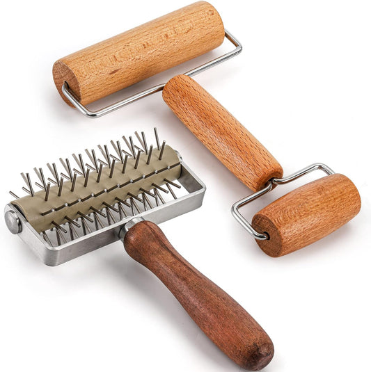 Set of 2 Pizza Dough Roller & Dough Docker, Stainless Steel Dough Hole Maker Puncher Wooden Rolling Pin for Pizza, Cookie, Pie, Pastry, Bread, Crust