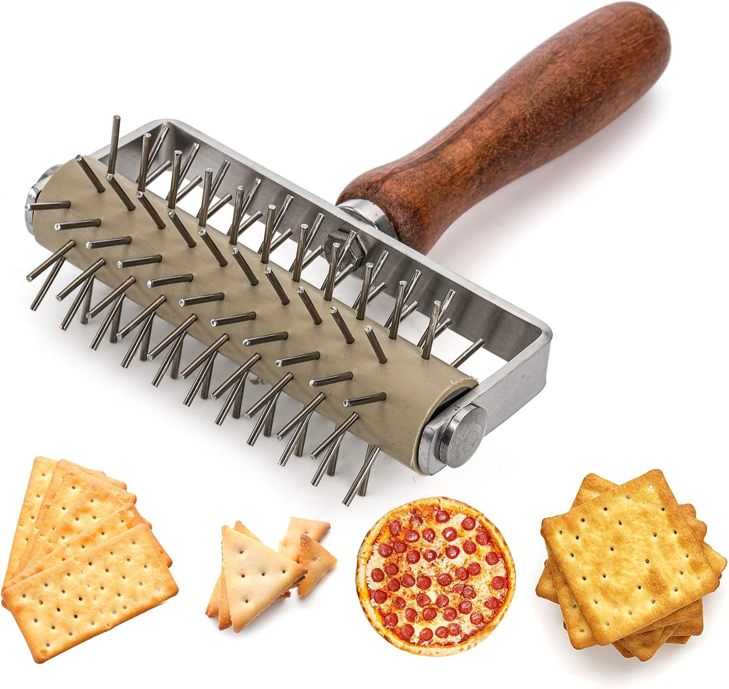 Set of 2 Pizza Dough Roller & Dough Docker, Stainless Steel Dough Hole Maker Puncher Wooden Rolling Pin for Pizza, Cookie, Pie, Pastry, Bread, Crust